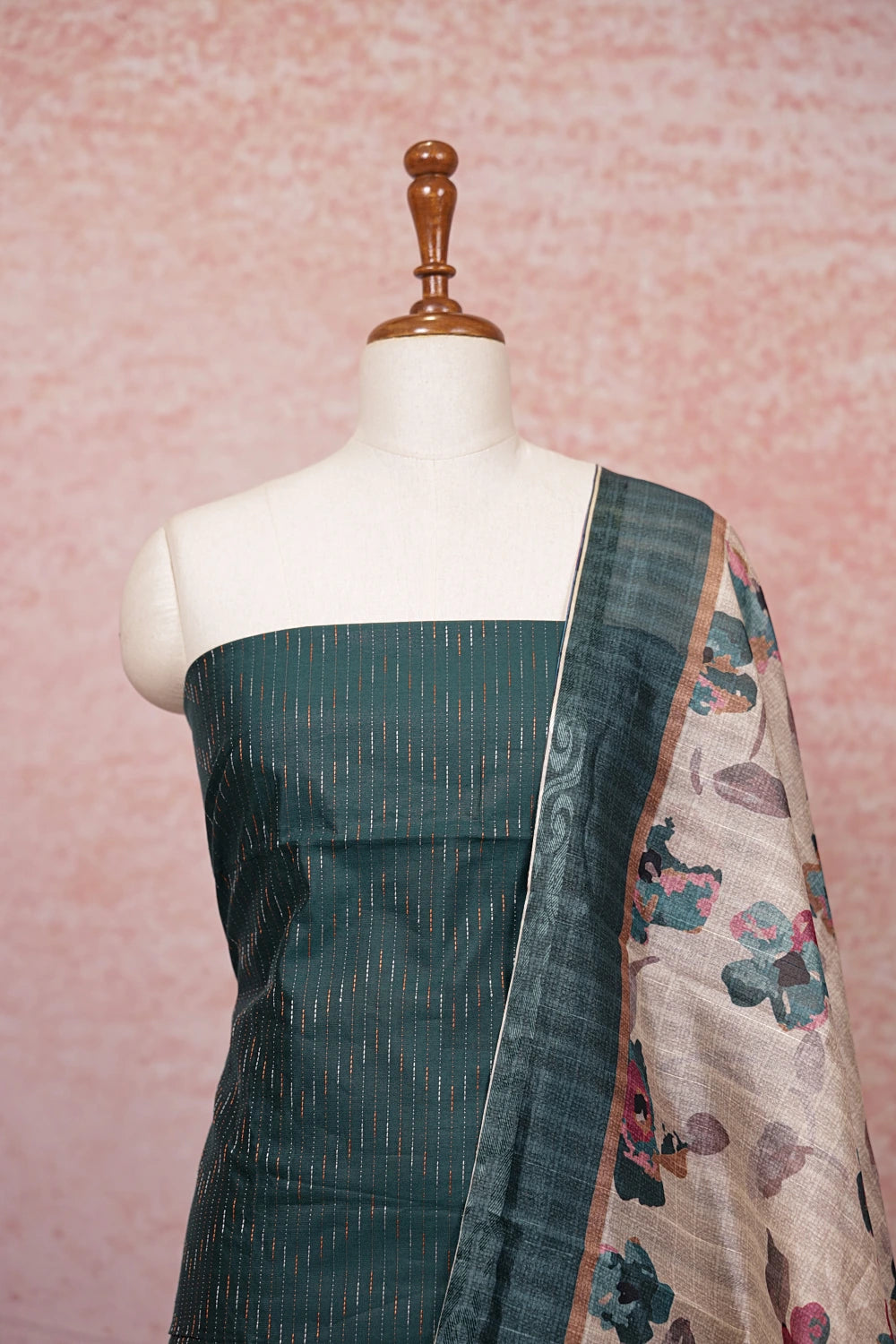 Dark Green Semi Silk Lines Un Stitched Churidhar Material