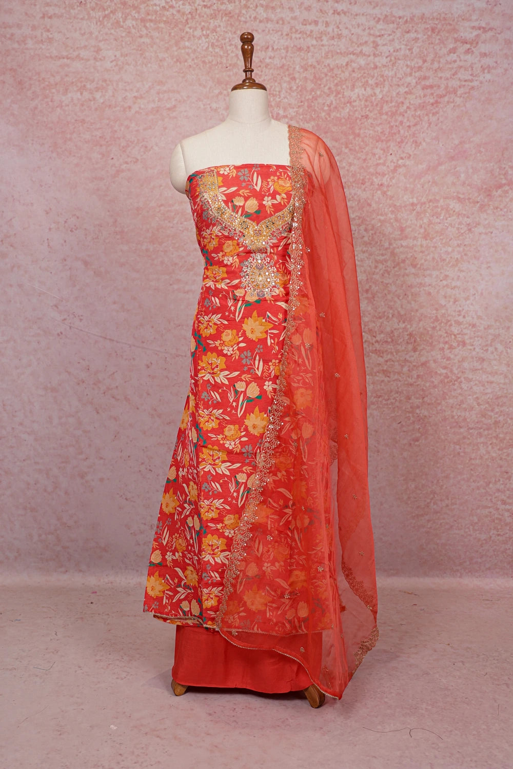 Orange Semi Silk Printed Unstitched Churidhar Material