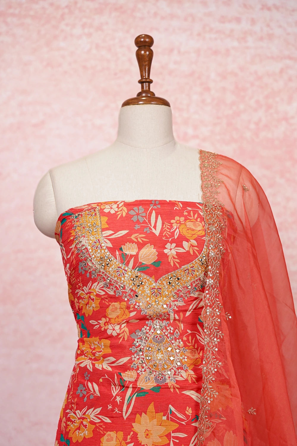 Orange Semi Silk Printed Unstitched Churidhar Material