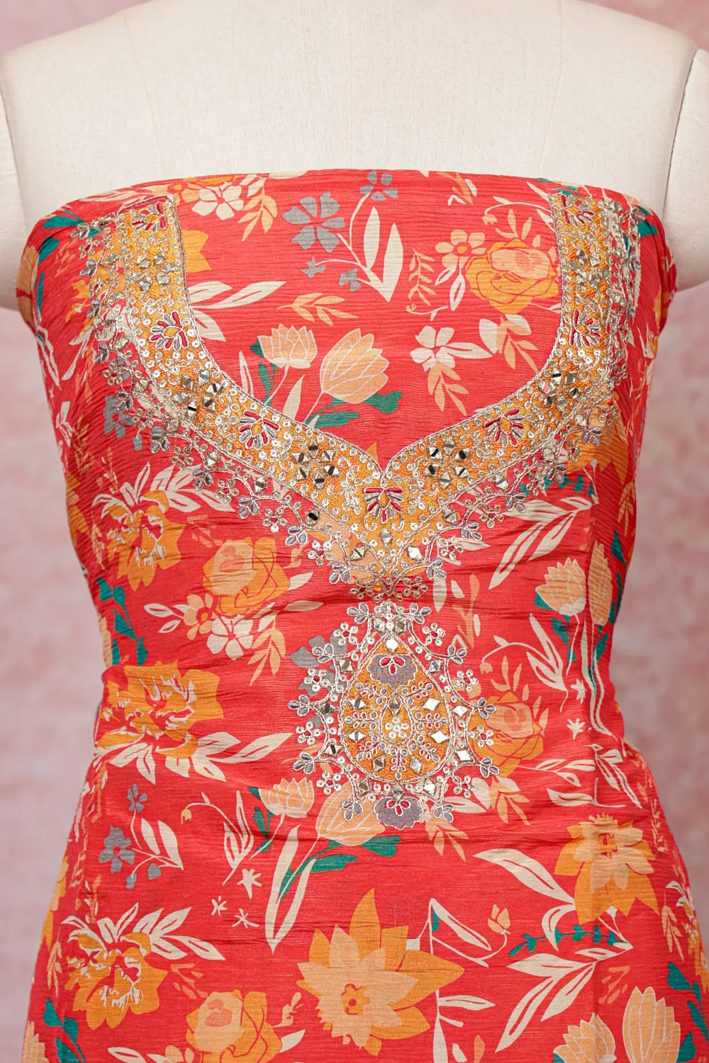 Orange Semi Silk Printed Unstitched Churidhar Material