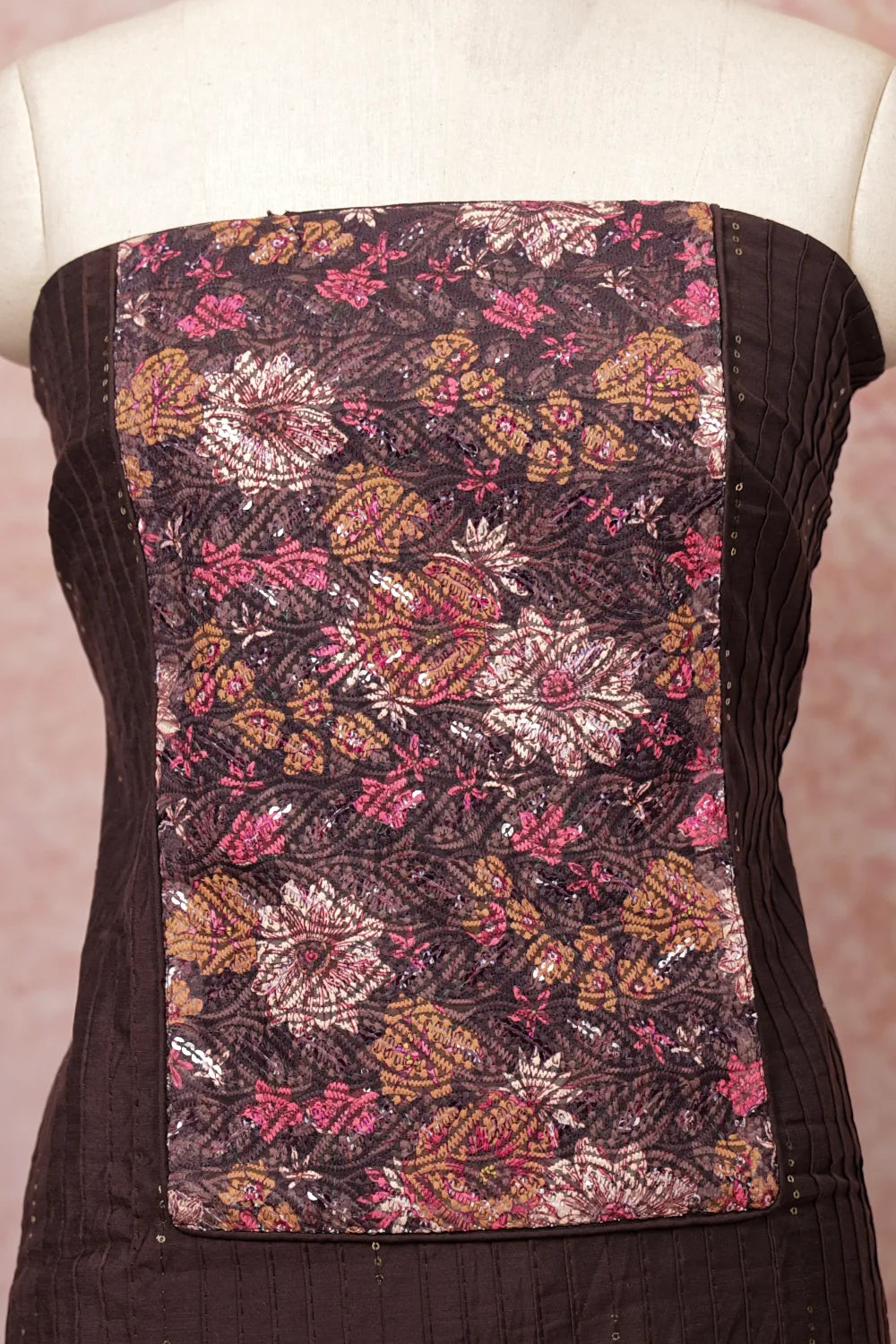 Dark Brown Chanderi Thread Work Un Stitched Material