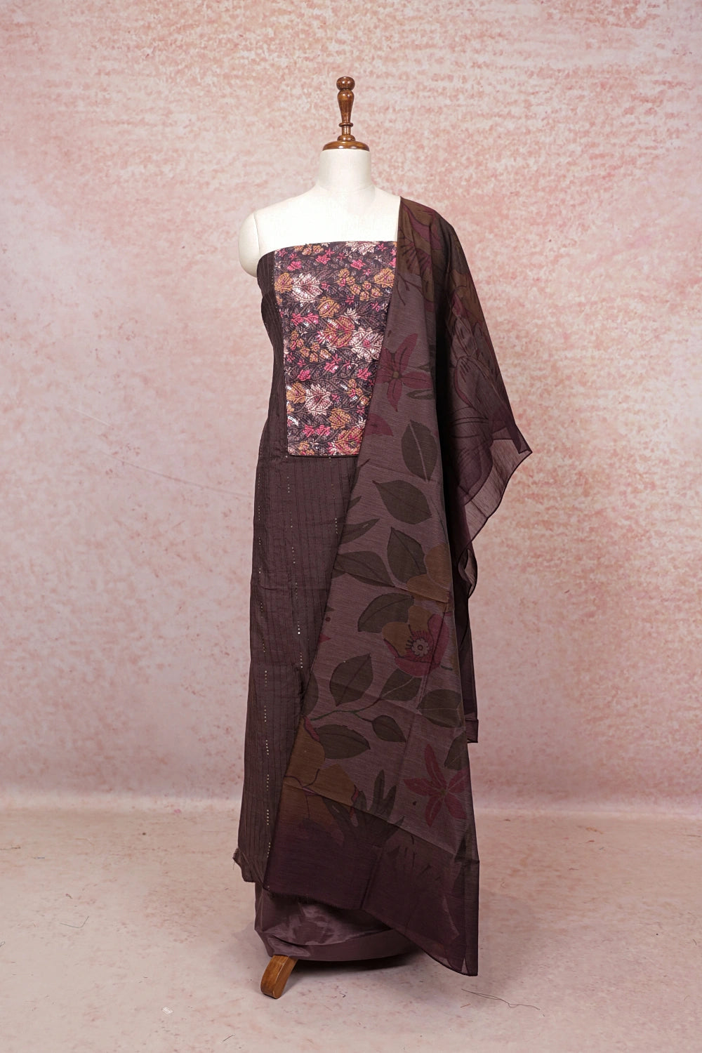 Dark Brown Chanderi Thread Work Un Stitched Material