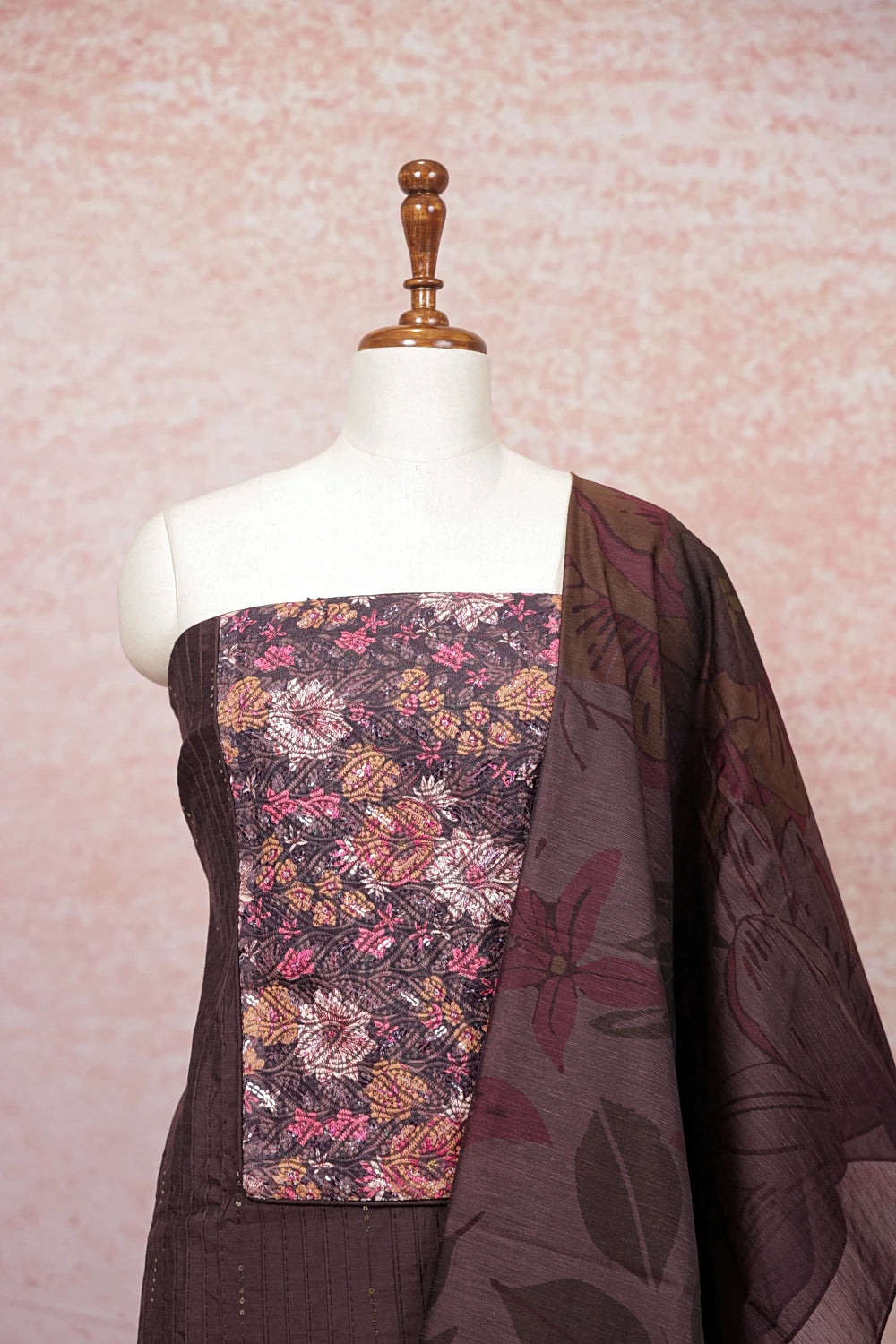 Dark Brown Chanderi Thread Work Un Stitched Material