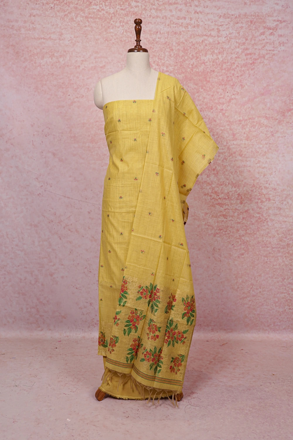 Yellow Semi Chanderi Butta Unstitched Churidhar Material