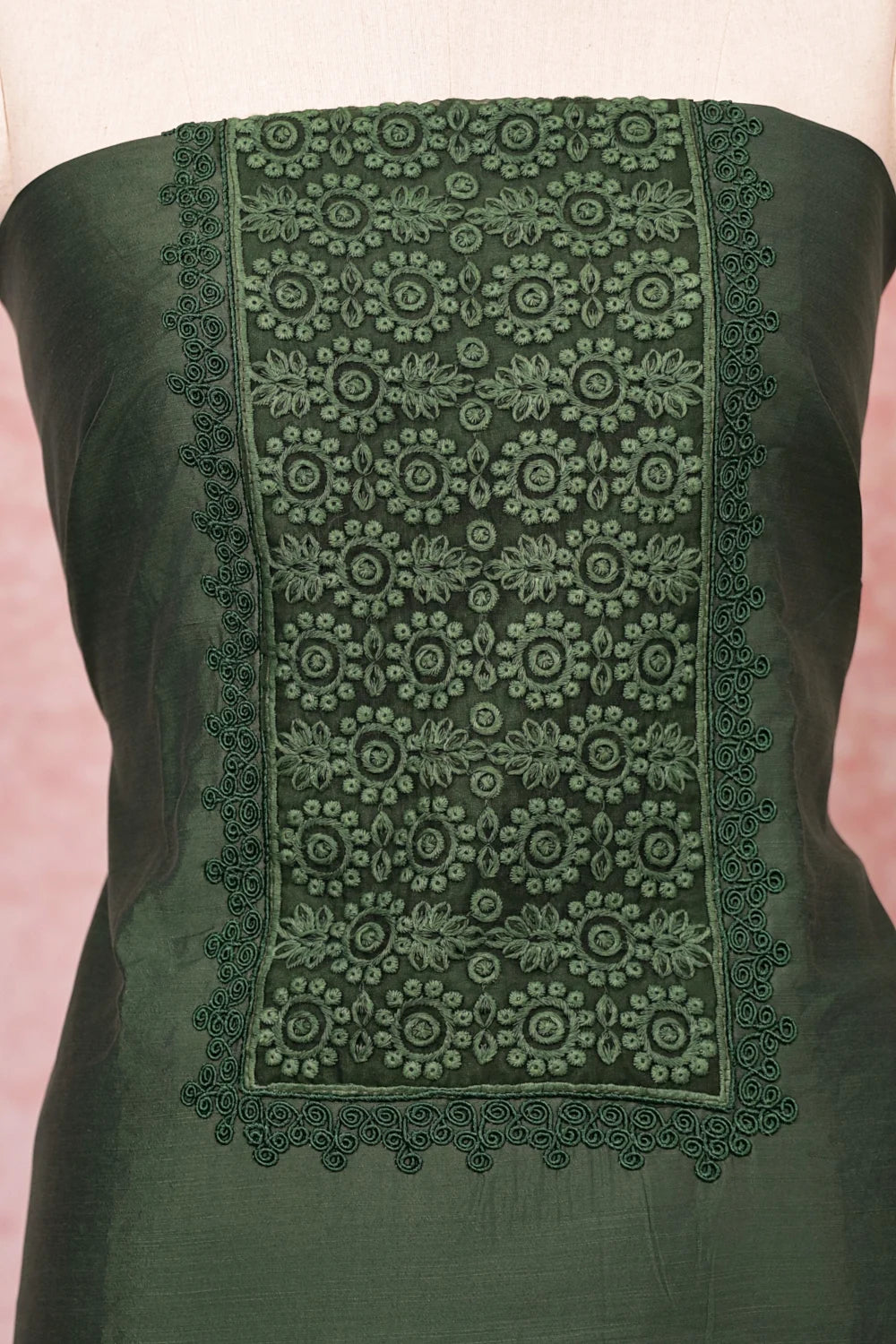 Green Semi Chanderi Embroidery Unstitched Churidhar Material
