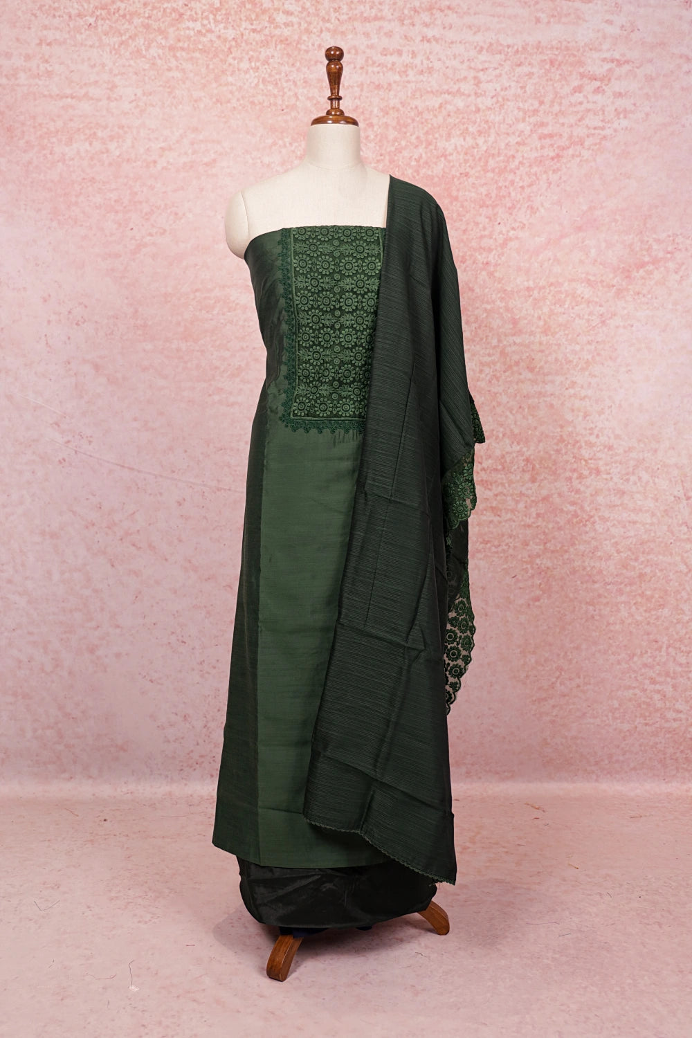 Green Semi Chanderi Embroidery Unstitched Churidhar Material