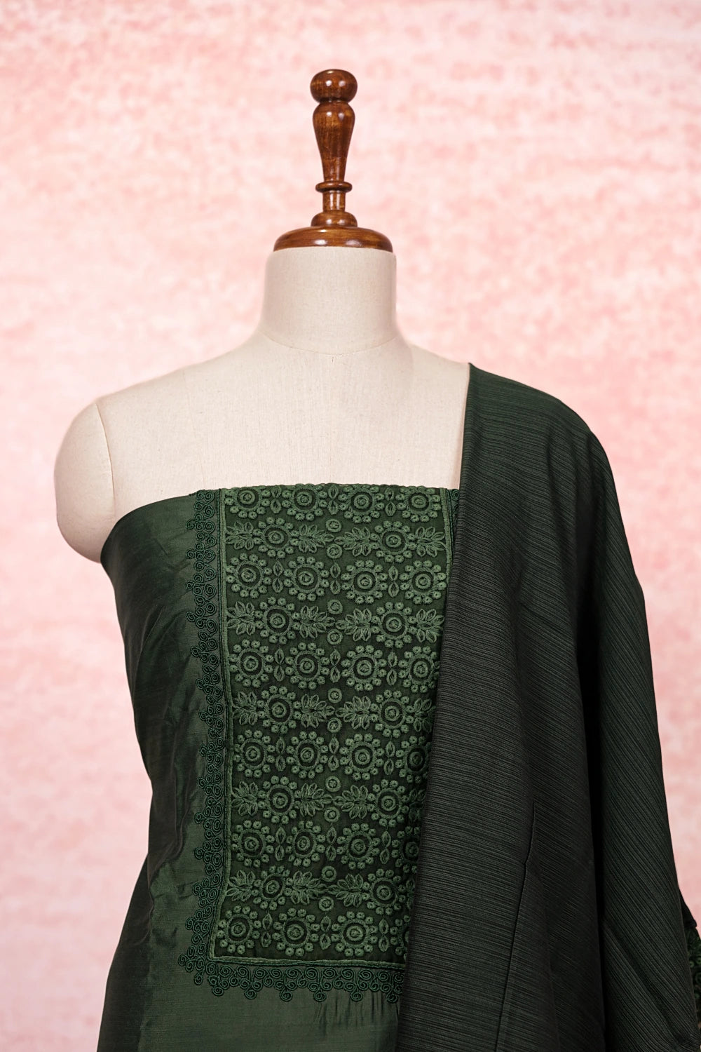 Green Semi Chanderi Embroidery Unstitched Churidhar Material