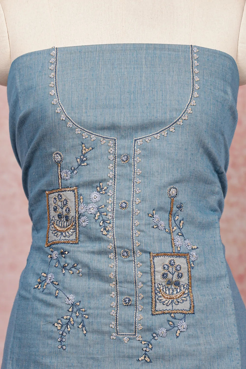 Light Blue Linen Hand Work Unstitched Churidhar Material