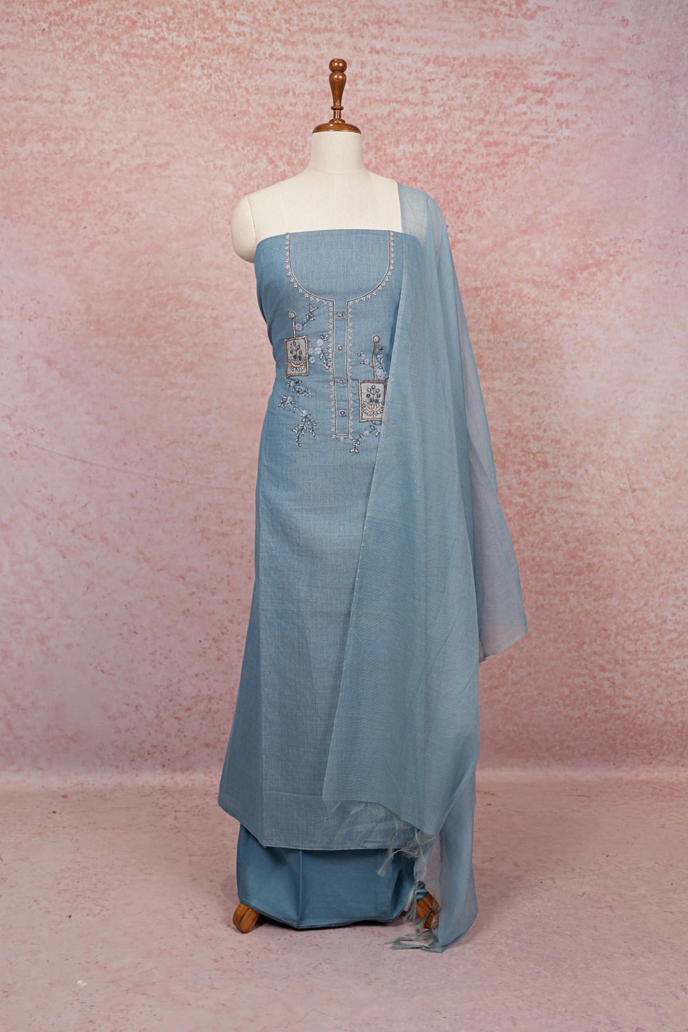 Light Blue Linen Hand Work Unstitched Churidhar Material