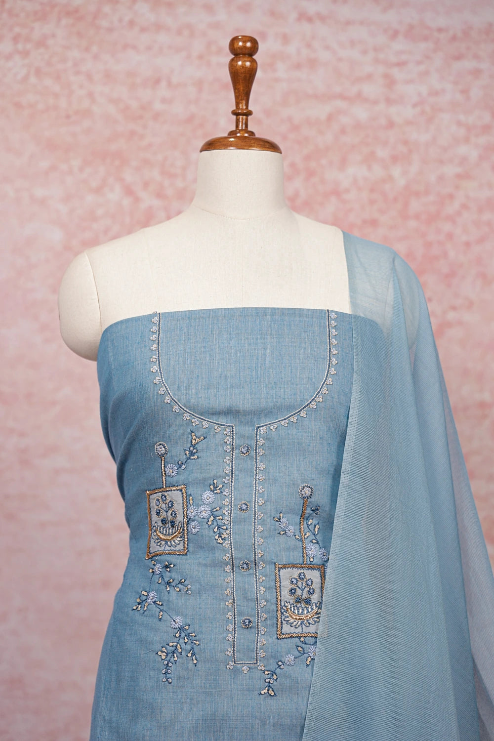 Light Blue Linen Hand Work Unstitched Churidhar Material