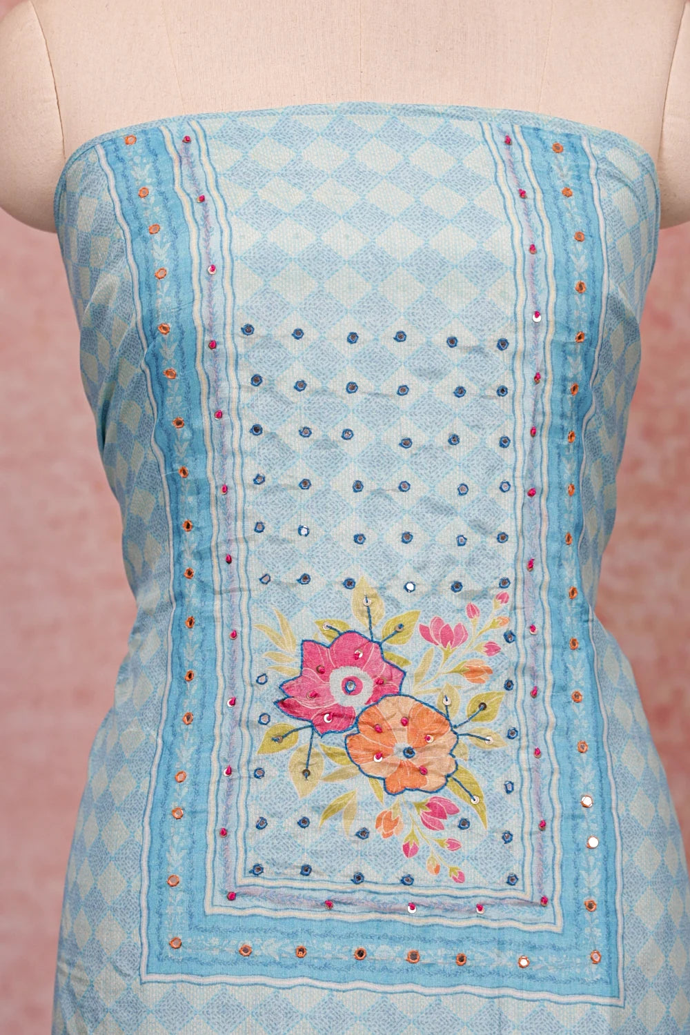 Light Blue Mascline Mirror Work Unstitched Churidhar Material