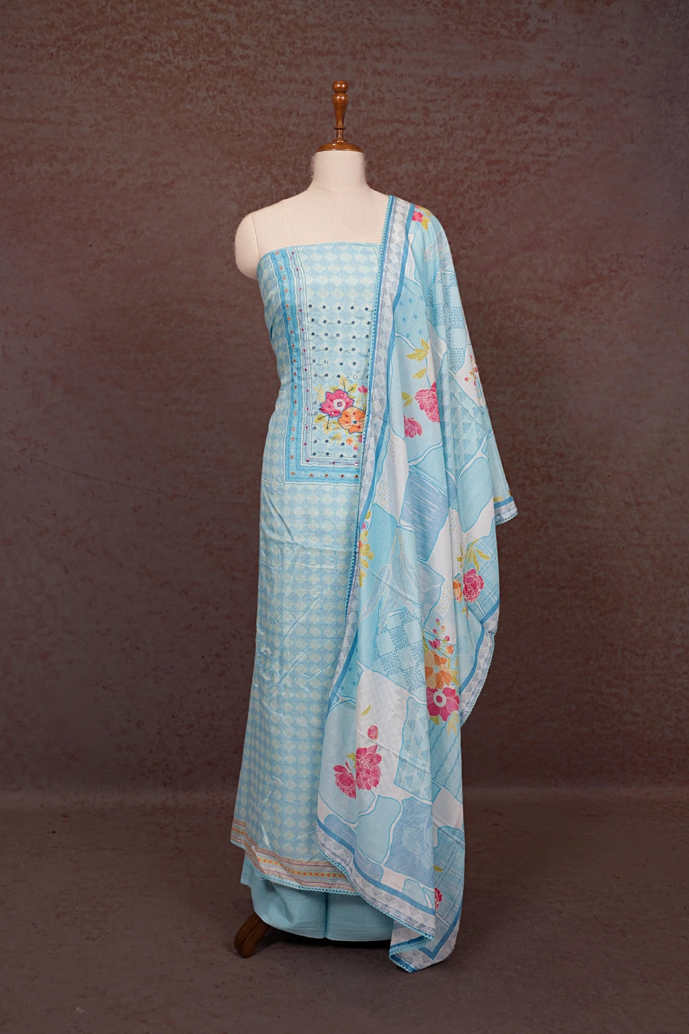 Light Blue Mascline Mirror Work Unstitched Churidhar Material