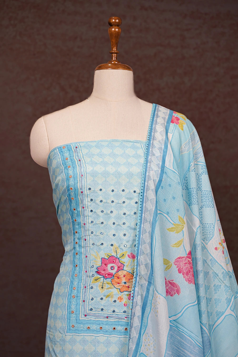 Light Blue Mascline Mirror Work Unstitched Churidhar Material