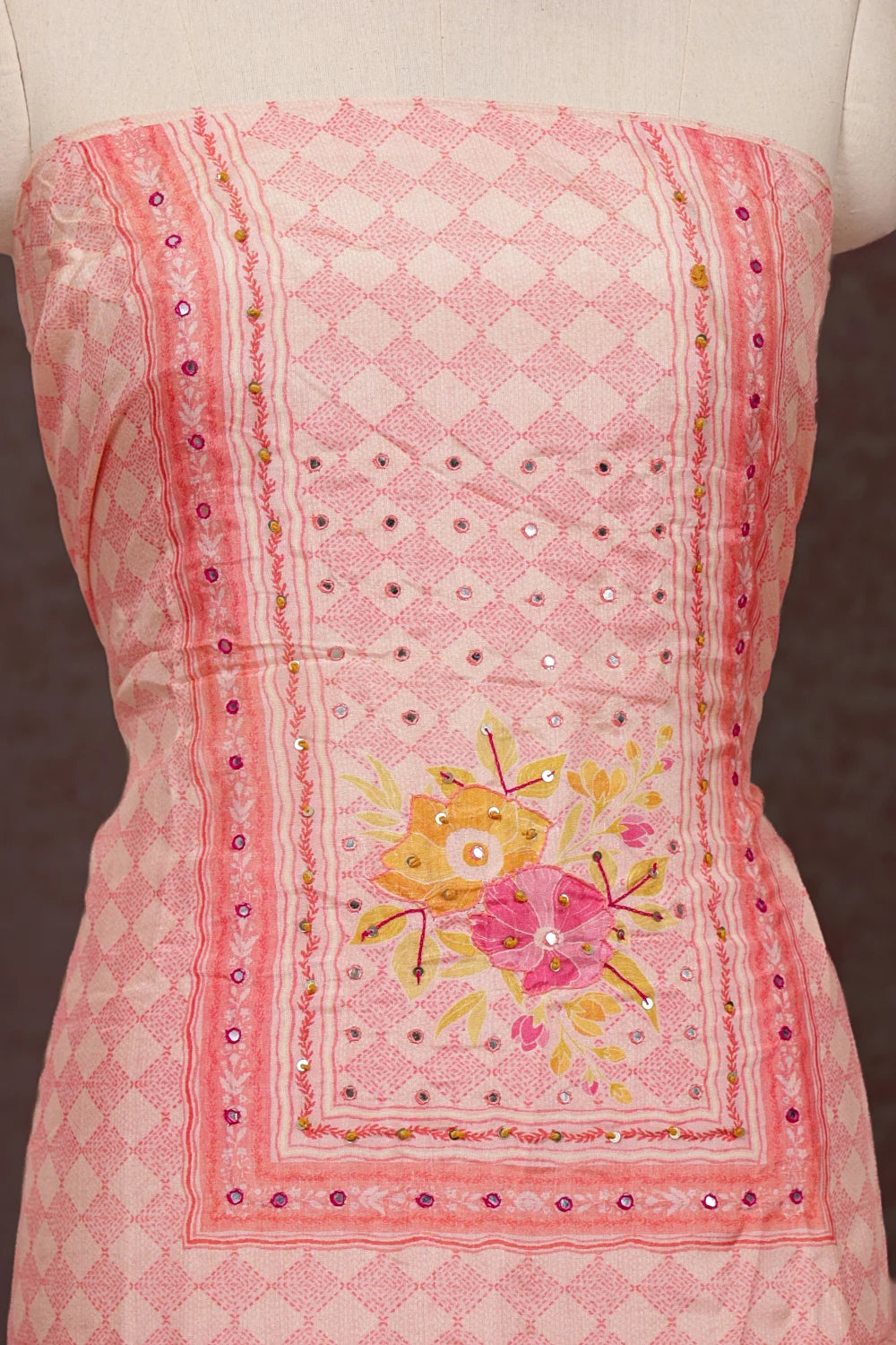 Light Pink Mascline Mirror Work Un Stitched Churidhar Material