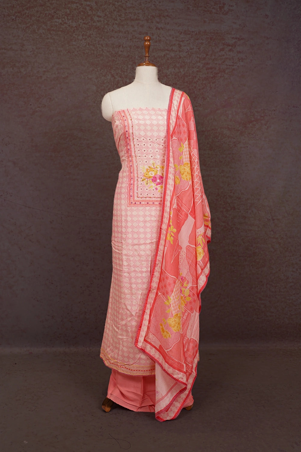 Light Pink Mascline Mirror Work Un Stitched Churidhar Material
