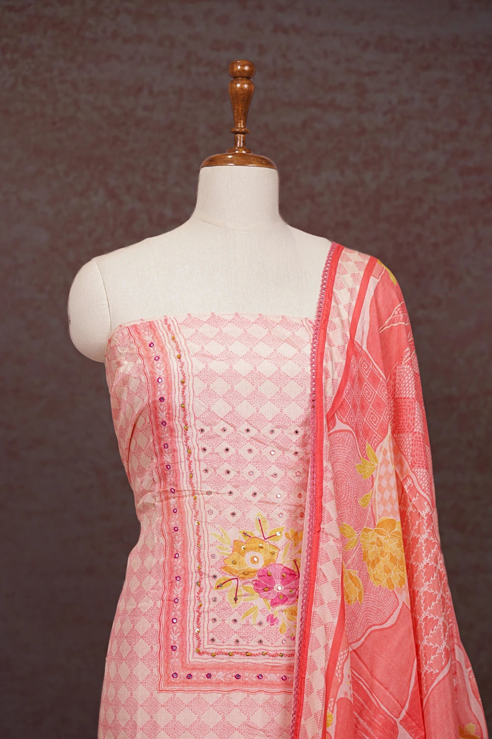 Light Pink Mascline Mirror Work Un Stitched Churidhar Material