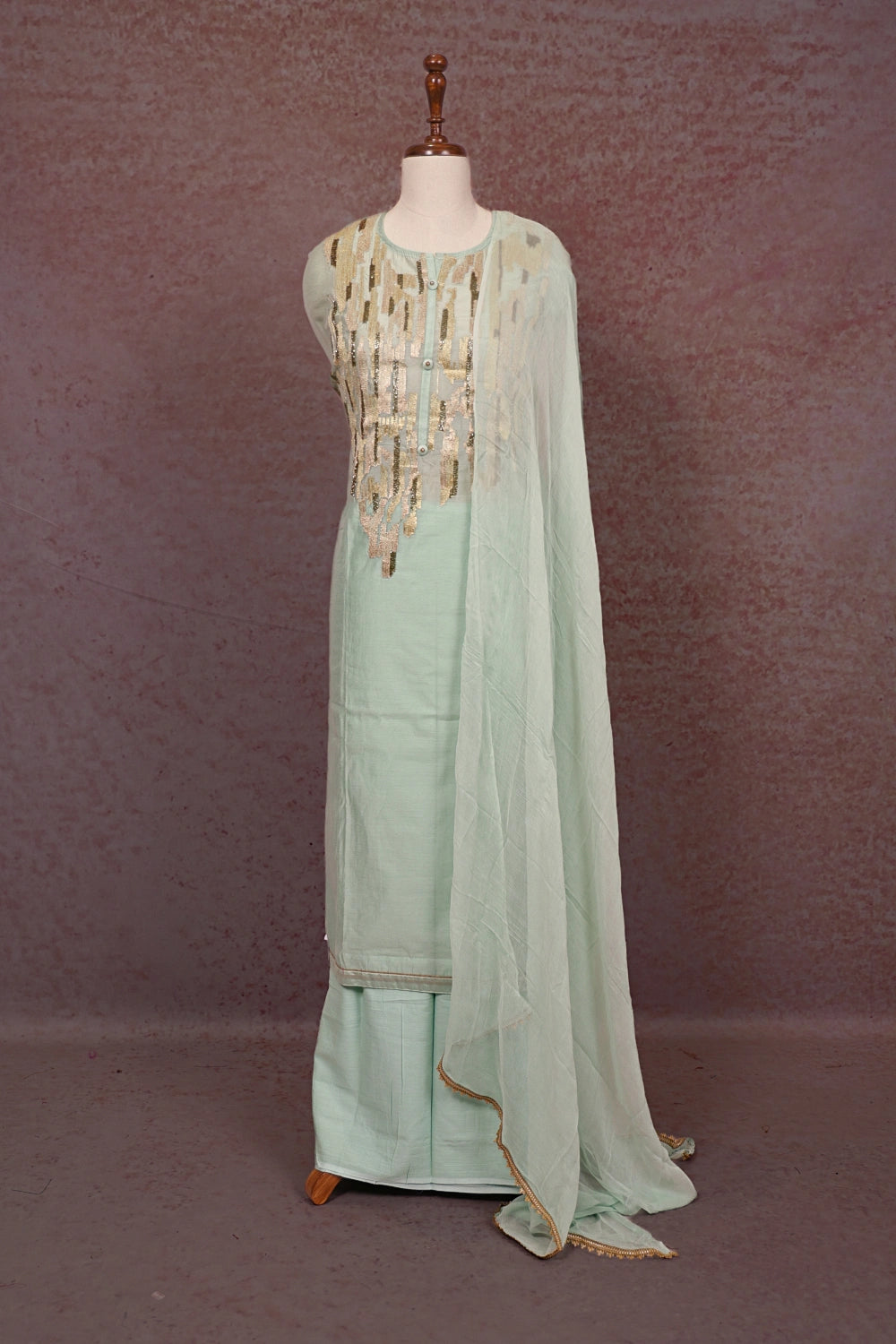 Light Pista Green Semi Chanderi Hand Work Unstitched Churidhar Material