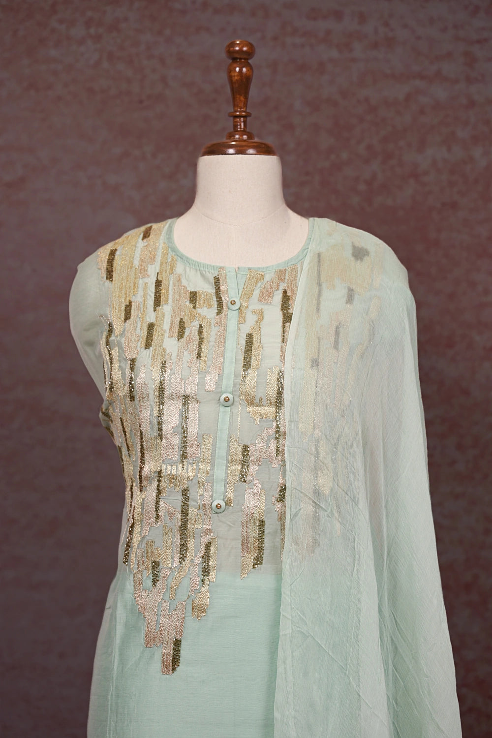 Light Pista Green Semi Chanderi Hand Work Unstitched Churidhar Material
