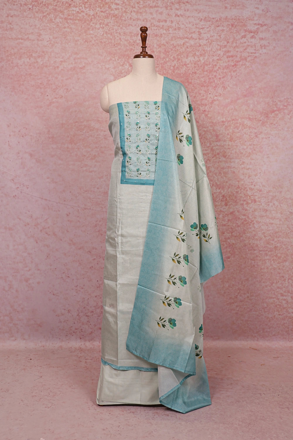 Light Blue Semi Chanderi Thread Work Unstitched Churidhar Material