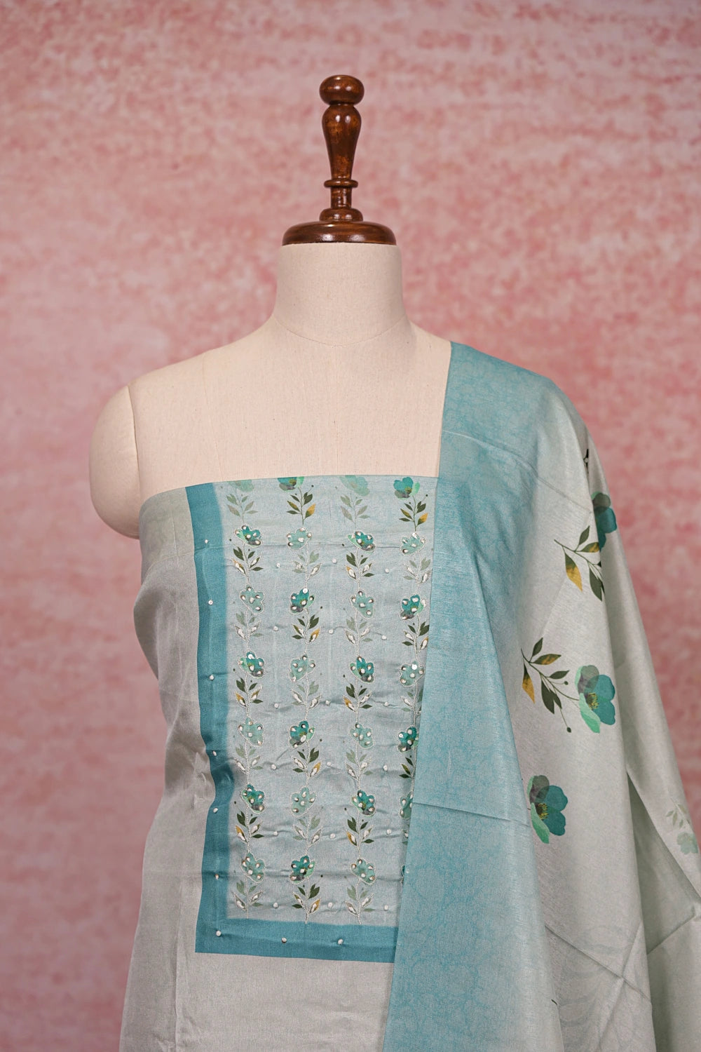 Light Blue Semi Chanderi Thread Work Unstitched Churidhar Material