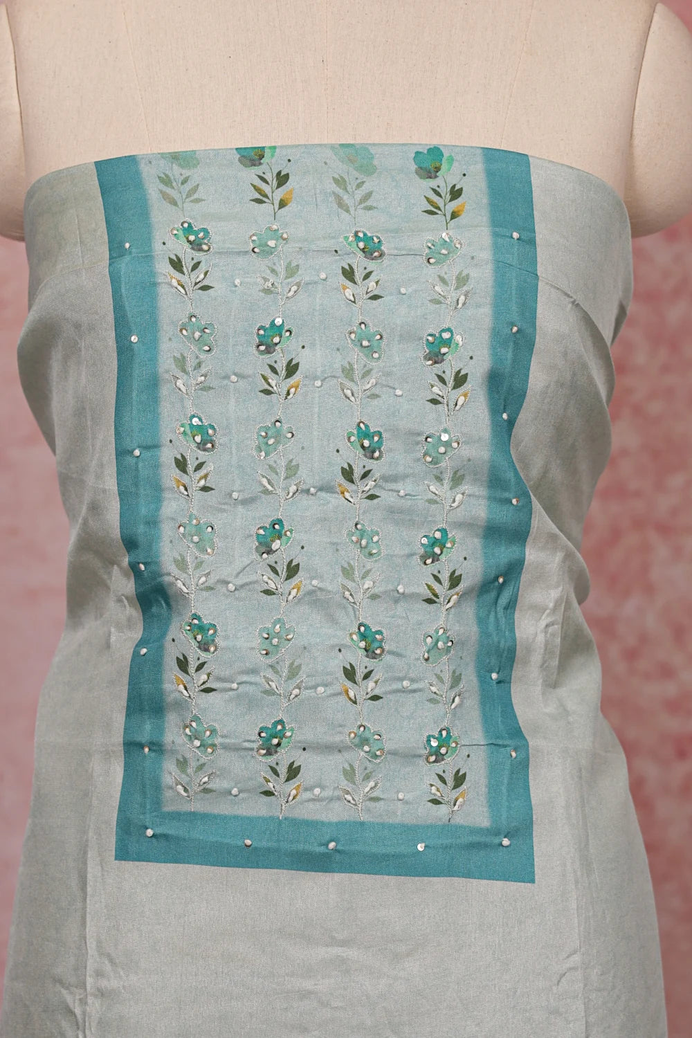 Light Blue Semi Chanderi Thread Work Unstitched Churidhar Material
