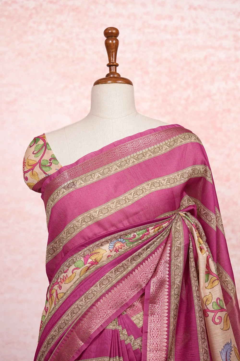 Magenta Pink With Cream Semi Silk Saree