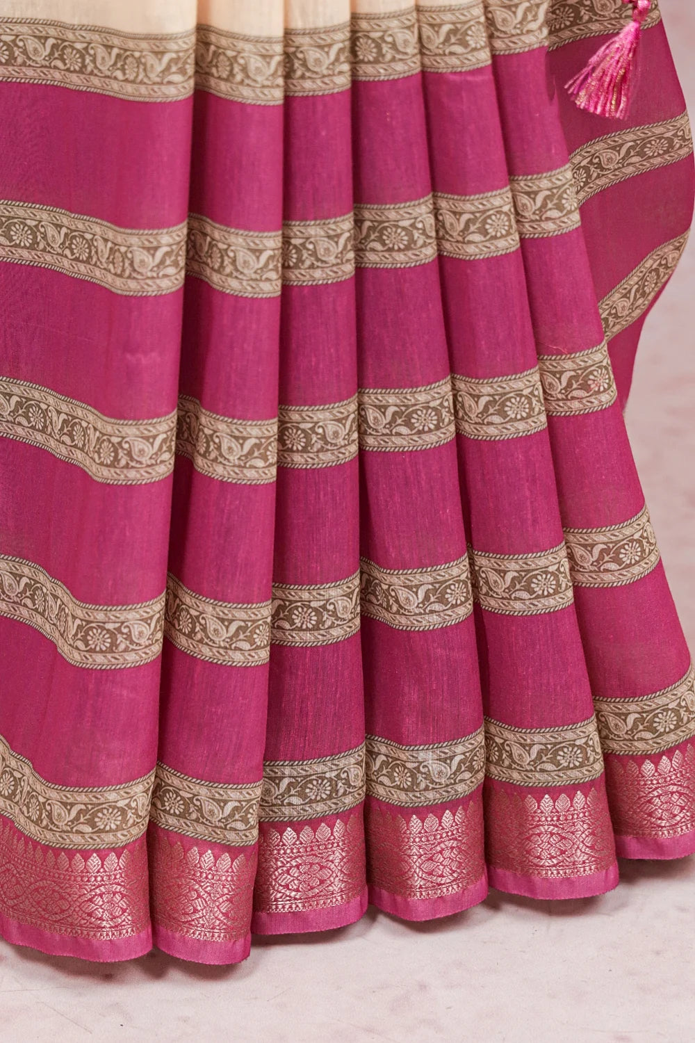 Magenta Pink With Cream Semi Silk Saree