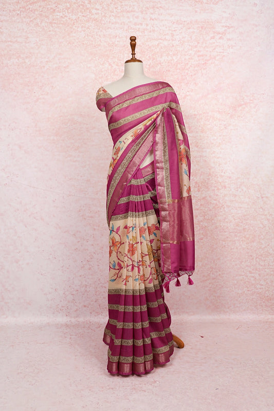 Magenta Pink With Cream Semi silk Saree