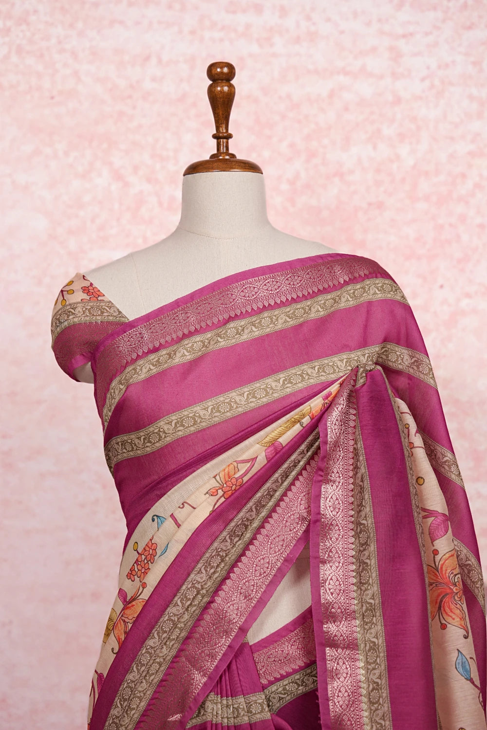 Magenta Pink With Cream Semi silk Saree
