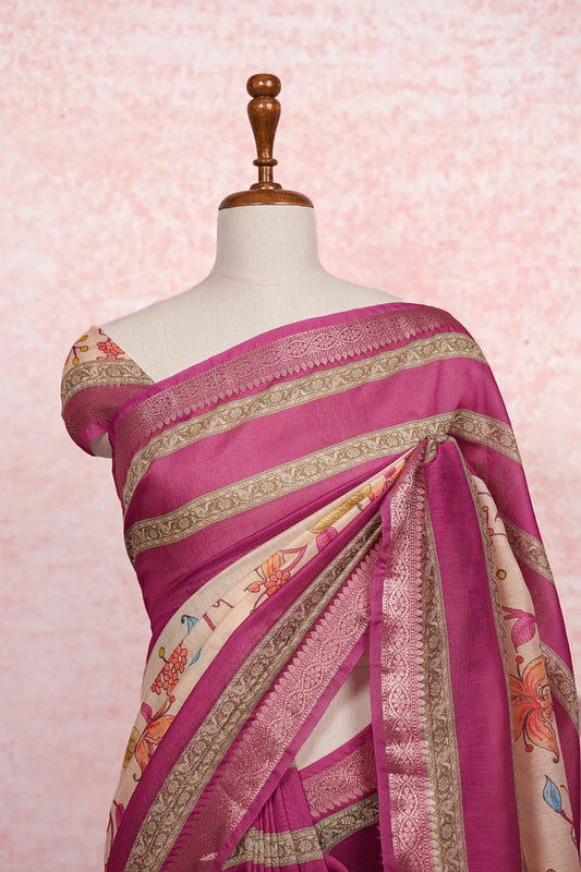 Magenta Pink With Cream Semi silk Saree