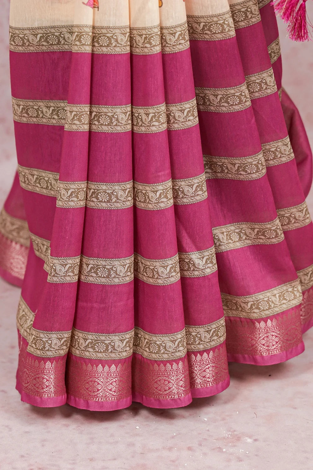 Magenta Pink With Cream Semi silk Saree