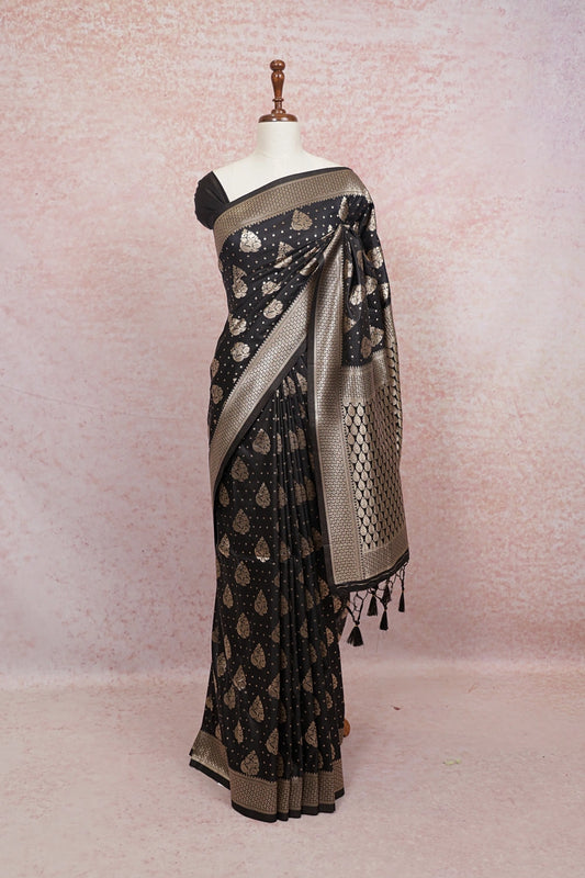 Black satin Banarasi saree with gold zari work - Seematti