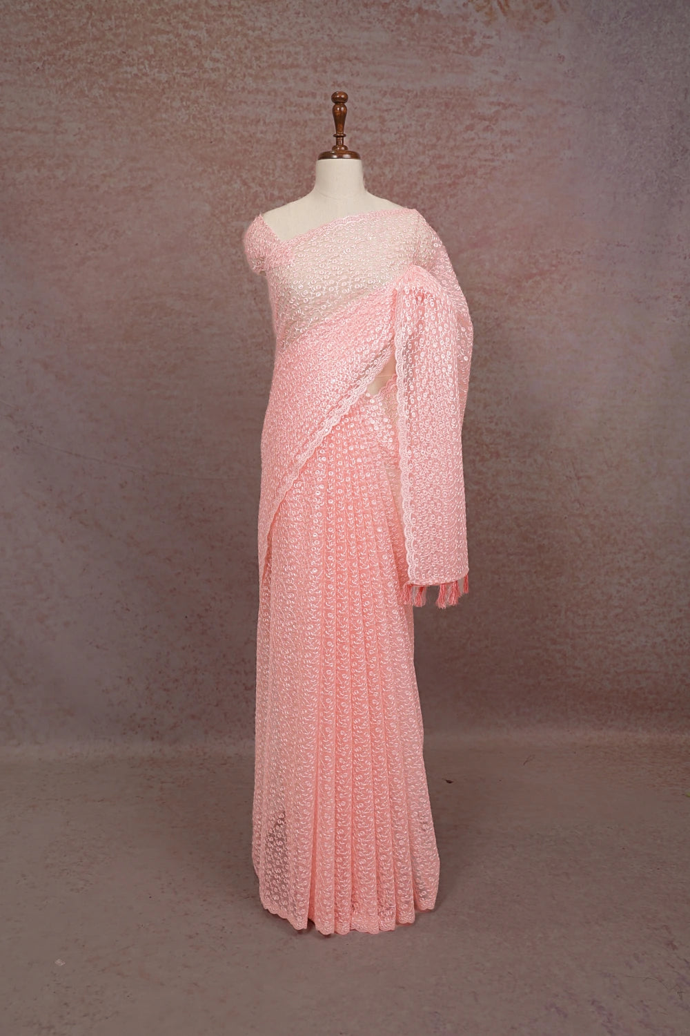 Peach Pink Net Saree