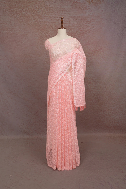 Peach Pink Net Saree - Seematti