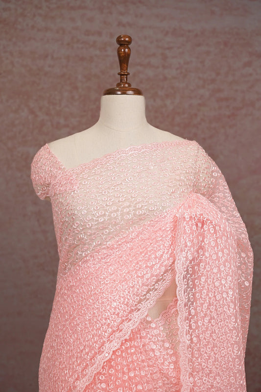 Peach Pink Net Saree - Seematti