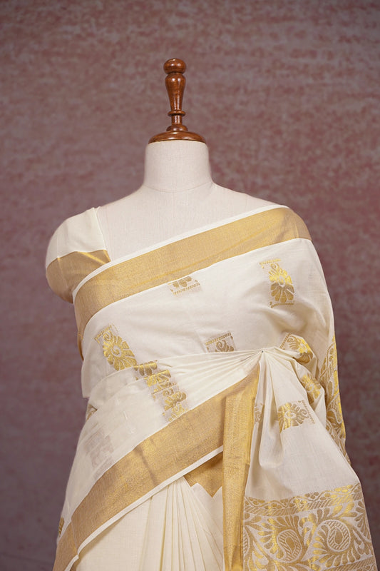 Off White Kerala Cotton Saree - Seematti
