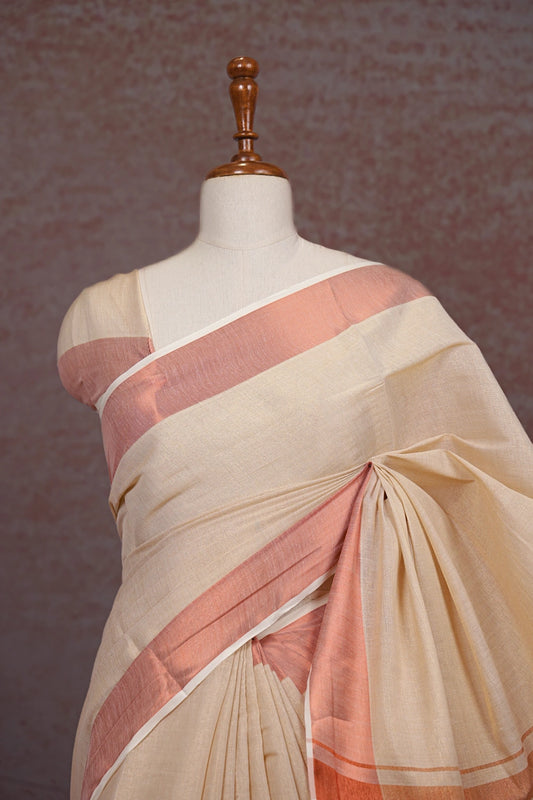 Light Rose Gold Color Semi Tissue Kerala Saree - Seematti