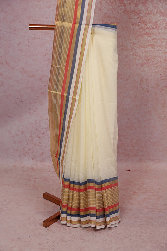 Off White Mul Cotton Kerala Saree - Seematti