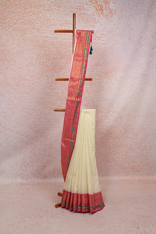 Off White Mul Cotton Kerala Saree - Seematti