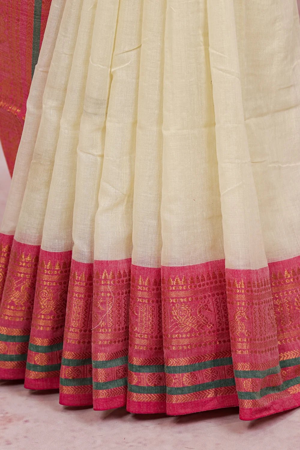 Off White Mul Cotton Kerala Saree