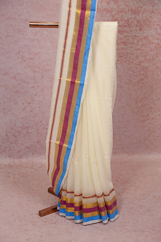 Off White Mul Cotton Kerala Saree - Seematti
