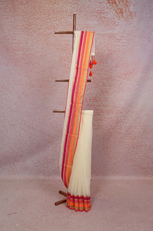 Off White Mul Cotton Kerala Saree - Seematti