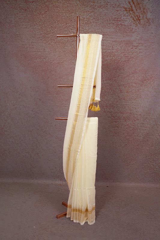 Off White Mul Cotton Kerala Saree - Seematti