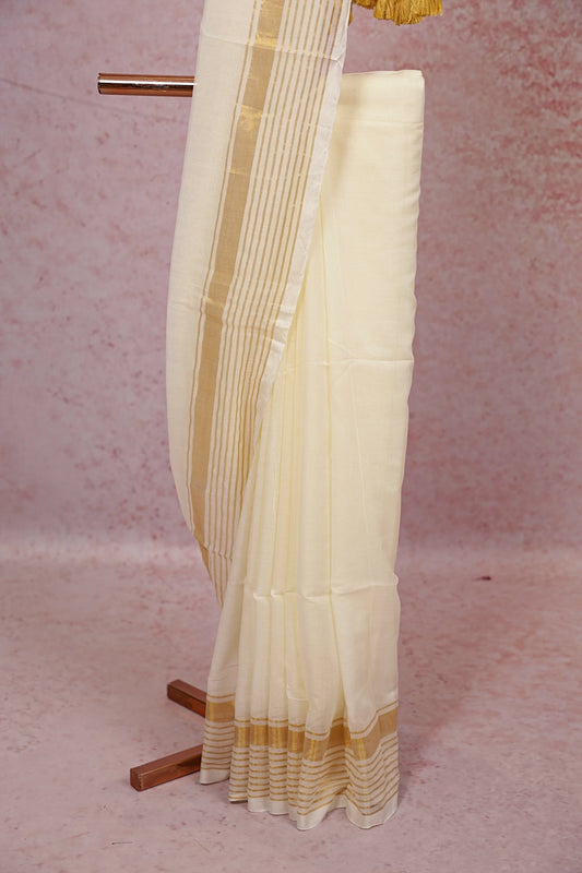 Off White Mul Cotton Kerala Saree - Seematti