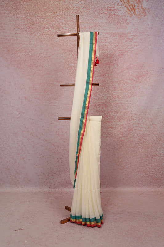 Off White Mul Cotton Kerala Saree - Seematti