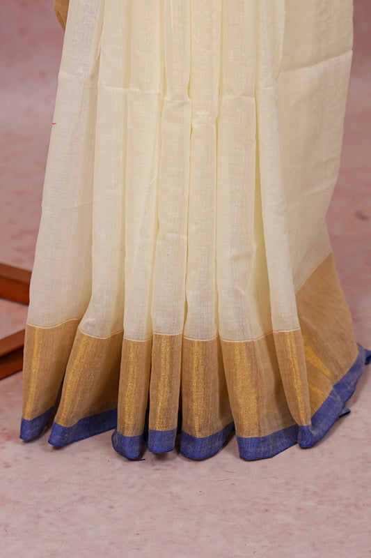 Off White Mul Cotton Kerala Saree - Seematti