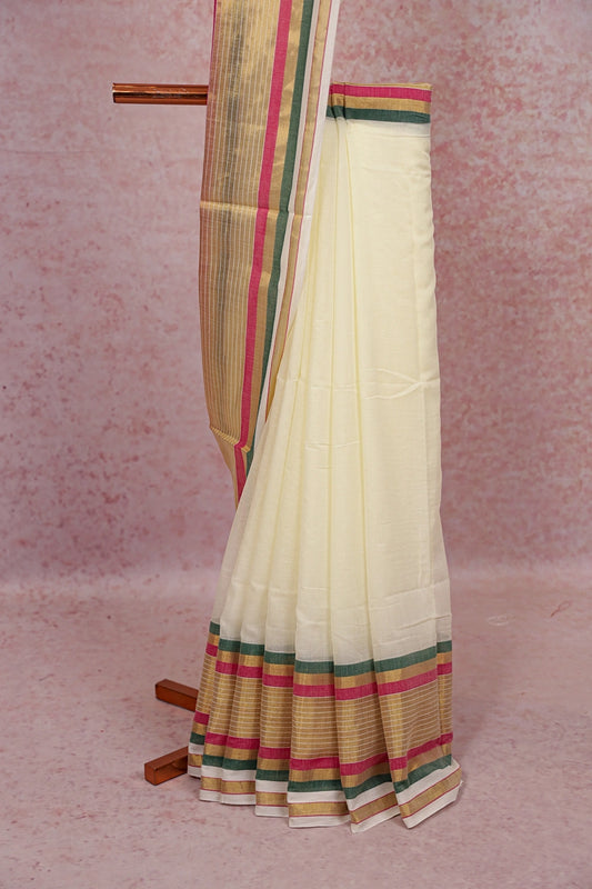 Off White Mul Cotton Kerala Saree - Seematti