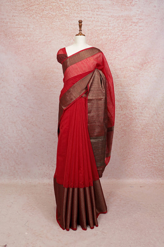 Red Semi Jute Saree - Seematti