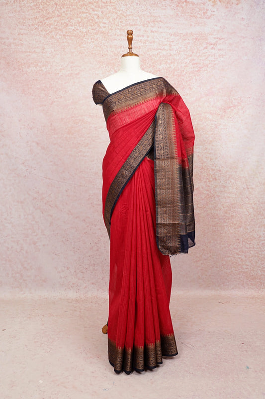 Red Semi Jute Saree - Seematti