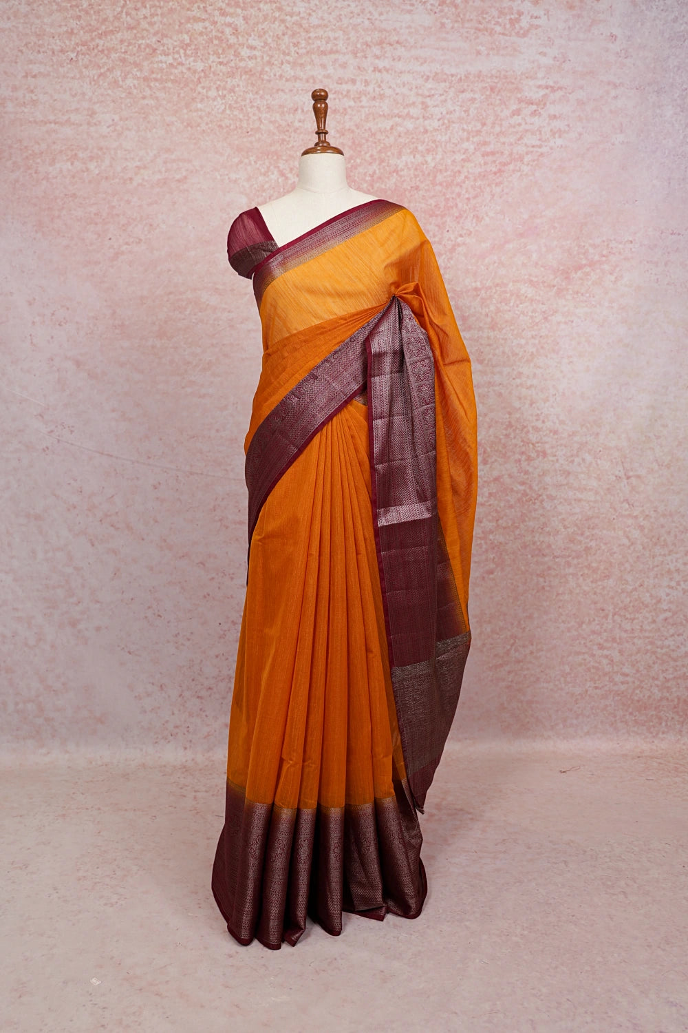 Mango yellow semi jute saree with maroon zari border - Seematti